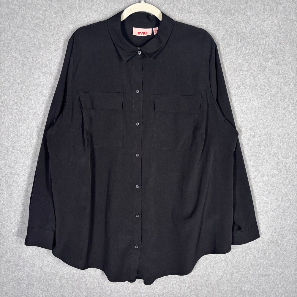 EVRI Button Tunic Shirt Blouse 2X Black Long Sleeve Utility Pocket Minimalist